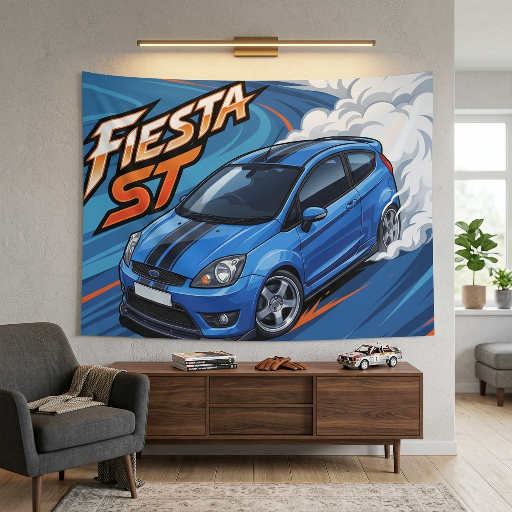 Ford Fiesta ST MK6 Blue Black Bonnet Stripe Silver Alloys Bold Graphic Car Wall Art Tapestry