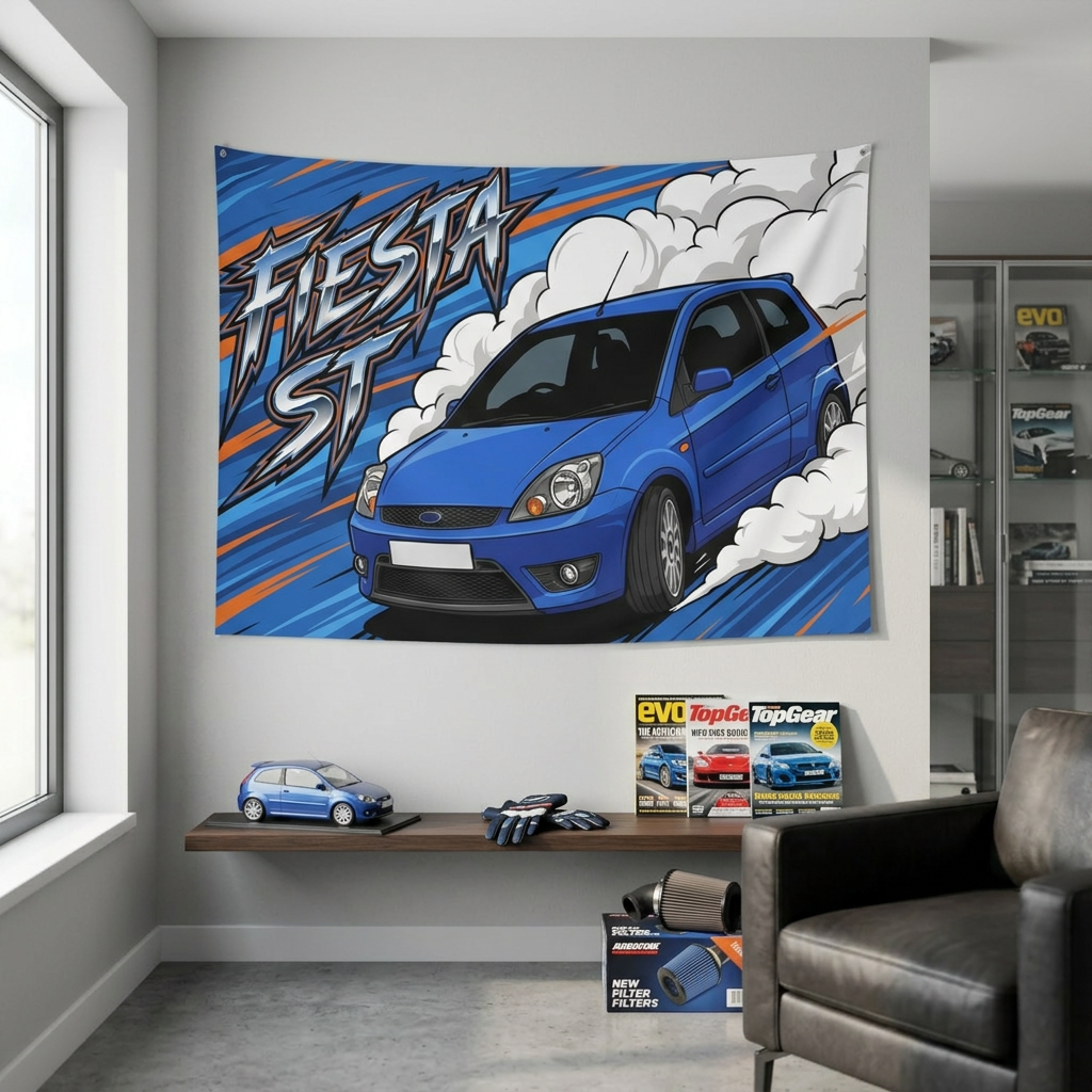 Ford Fiesta ST MK6 Performance Blue Three-Door Aerial Bold Graphic Car Wall Art Tapestry