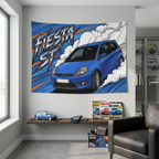 Ford Fiesta ST MK6 Performance Blue Three-Door Aerial Bold Graphic Car Wall Art Tapestry