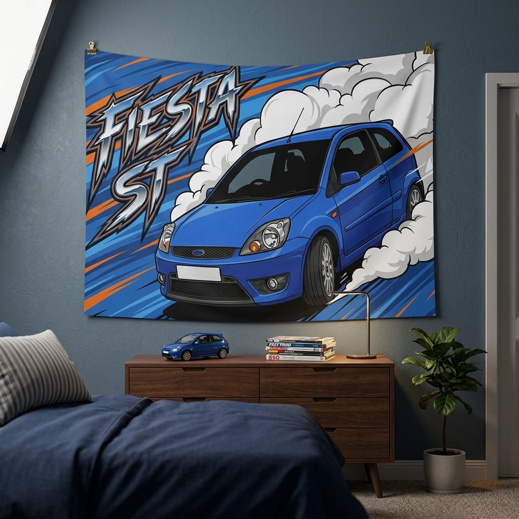 Ford Fiesta ST MK6 Performance Blue Three-Door Aerial Bold Graphic Car Wall Art Tapestry