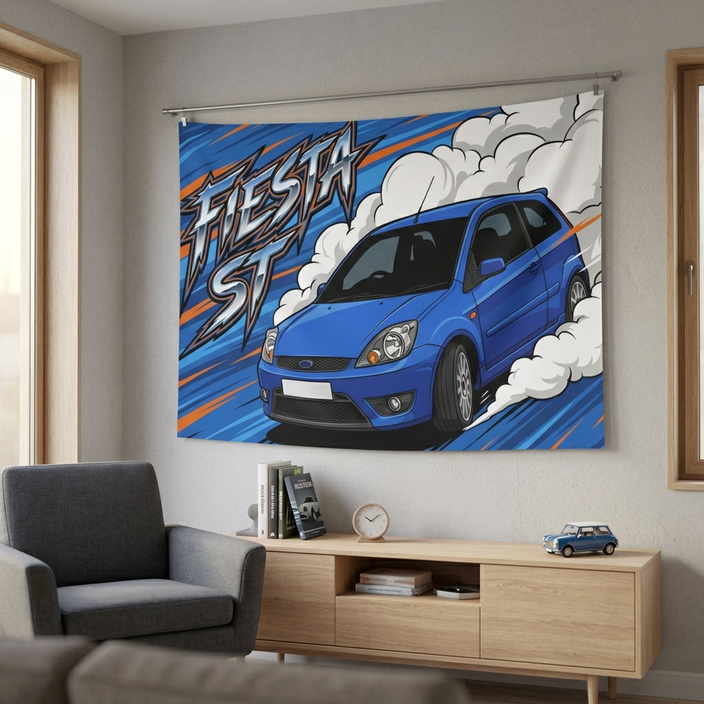 Ford Fiesta ST MK6 Performance Blue Three-Door Aerial Bold Graphic Car Wall Art Tapestry