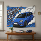 Ford Fiesta ST MK6 Performance Blue Three-Door Aerial Bold Graphic Car Wall Art Tapestry