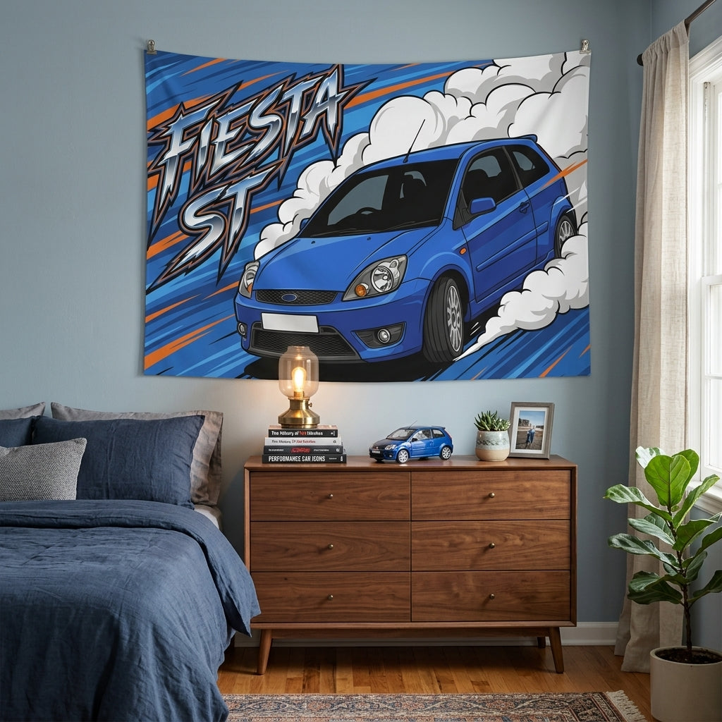 Ford Fiesta ST MK6 Performance Blue Three-Door Aerial Bold Graphic Car Wall Art Tapestry