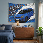 Ford Fiesta ST MK6 Performance Blue Three-Door Aerial Bold Graphic Car Wall Art Tapestry