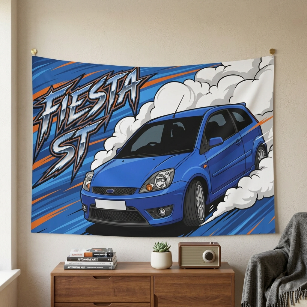 Ford Fiesta ST MK6 Performance Blue Three-Door Aerial Bold Graphic Car Wall Art Tapestry