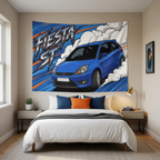Ford Fiesta ST MK6 Performance Blue Three-Door Aerial Bold Graphic Car Wall Art Tapestry
