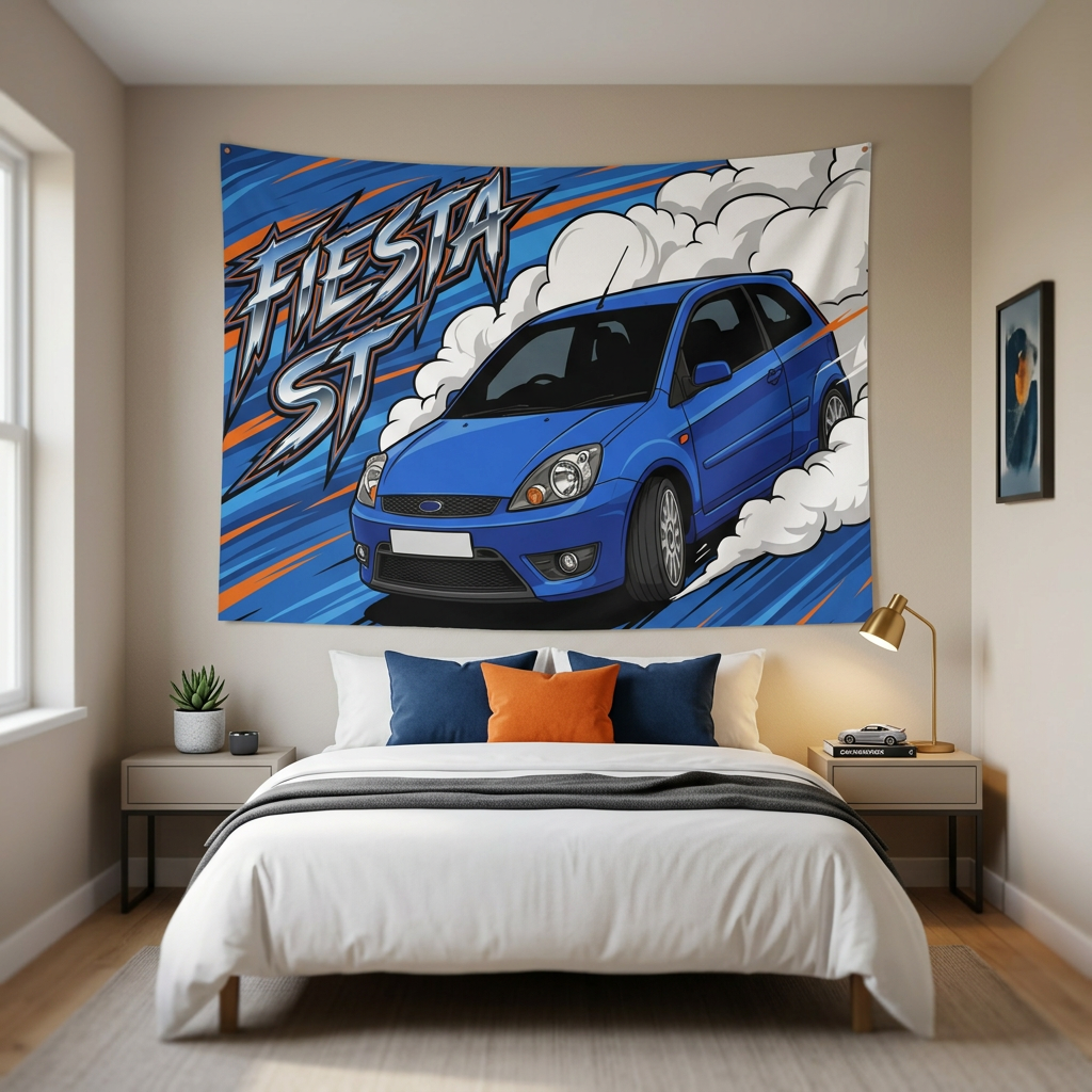 Ford Fiesta ST MK6 Performance Blue Three-Door Aerial Bold Graphic Car Wall Art Tapestry
