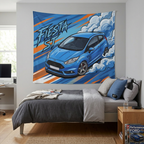 Ford Fiesta ST MK7 Blue Sponsor Decals Silver Wheels Aerial Bold Graphic Car Wall Art Tapestry