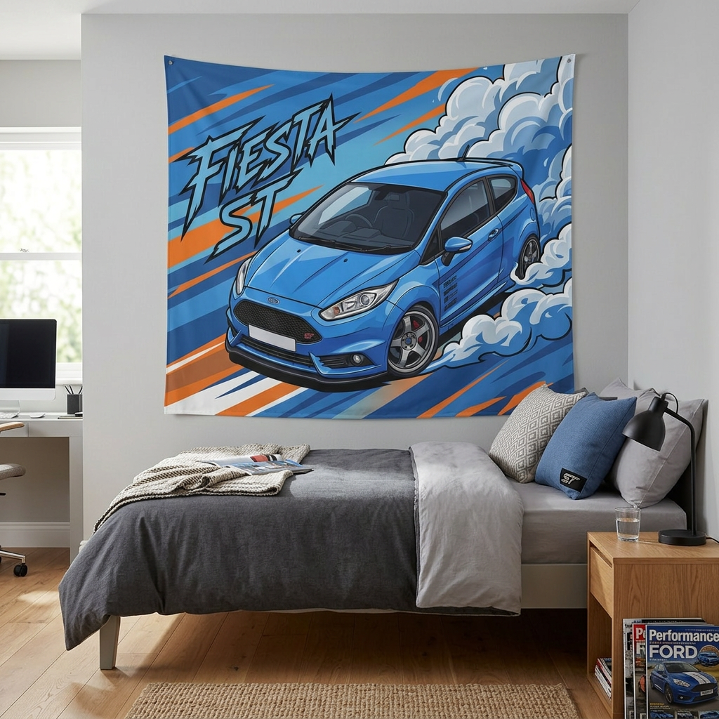 Ford Fiesta ST MK7 Blue Sponsor Decals Silver Wheels Aerial Bold Graphic Car Wall Art Tapestry