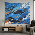 Ford Fiesta ST MK7 Blue Sponsor Decals Silver Wheels Aerial Bold Graphic Car Wall Art Tapestry