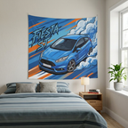 Ford Fiesta ST MK7 Blue Sponsor Decals Silver Wheels Aerial Bold Graphic Car Wall Art Tapestry