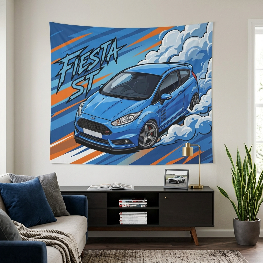 Ford Fiesta ST MK7 Blue Sponsor Decals Silver Wheels Aerial Bold Graphic Car Wall Art Tapestry