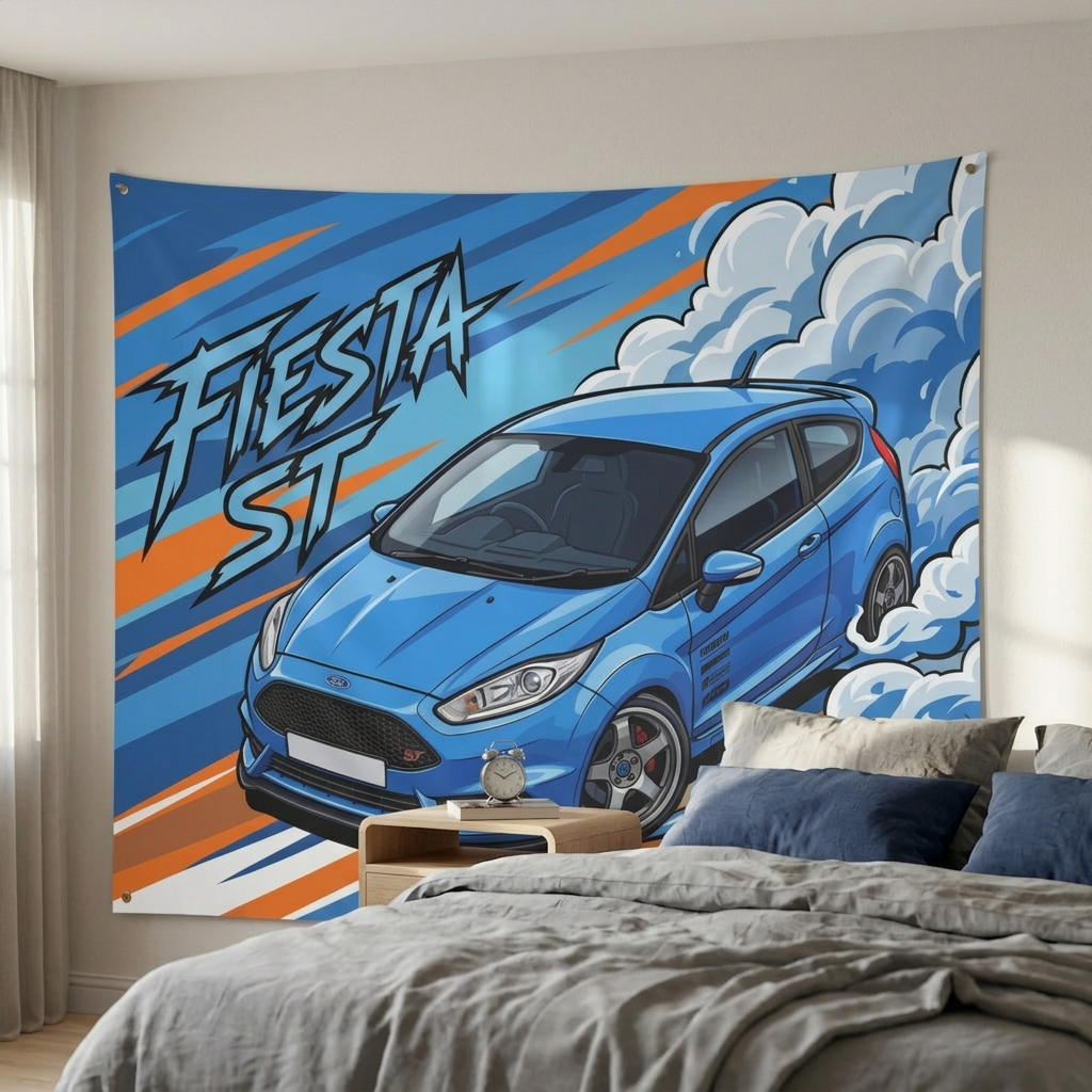 Ford Fiesta ST MK7 Blue Sponsor Decals Silver Wheels Aerial Bold Graphic Car Wall Art Tapestry