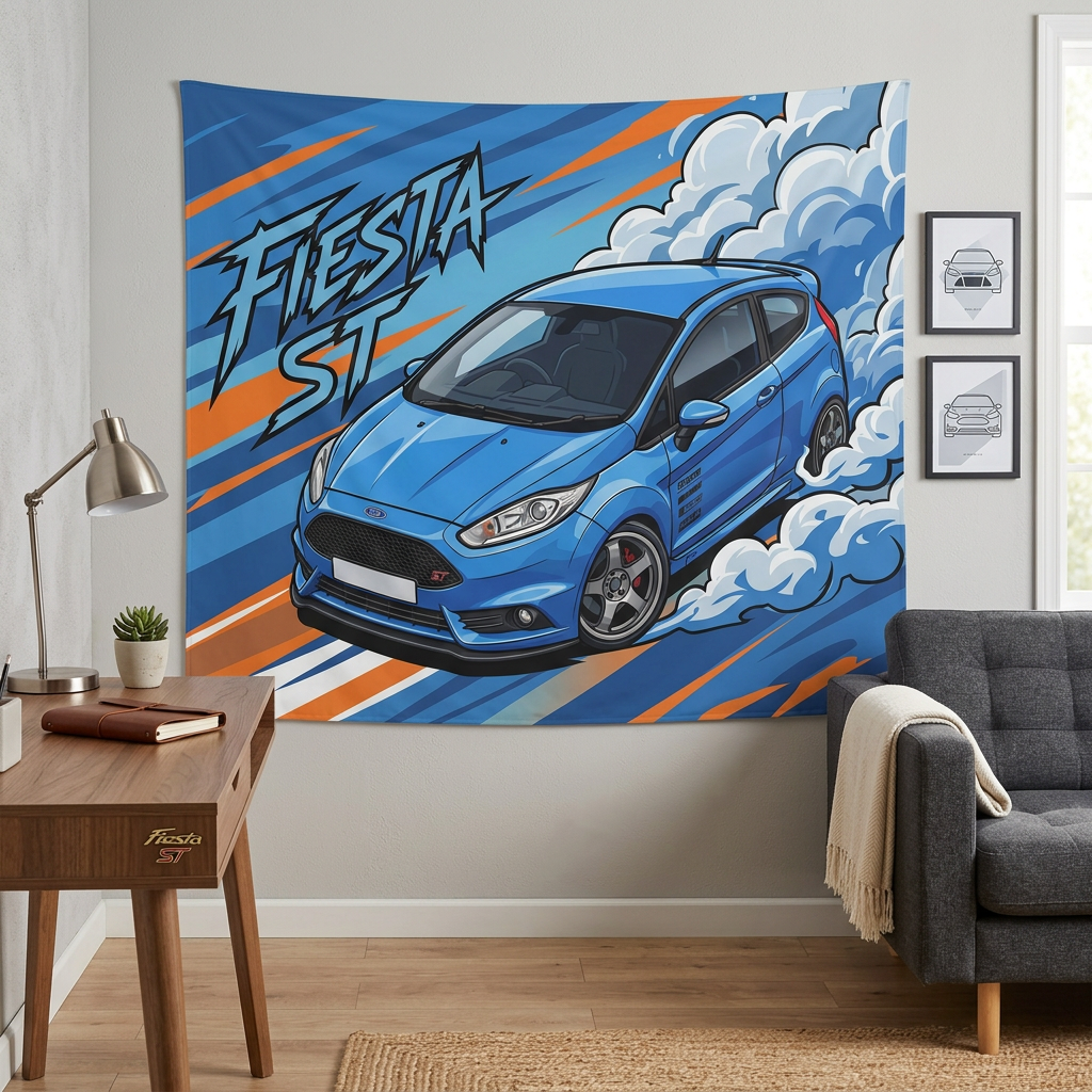 Ford Fiesta ST MK7 Blue Sponsor Decals Silver Wheels Aerial Bold Graphic Car Wall Art Tapestry