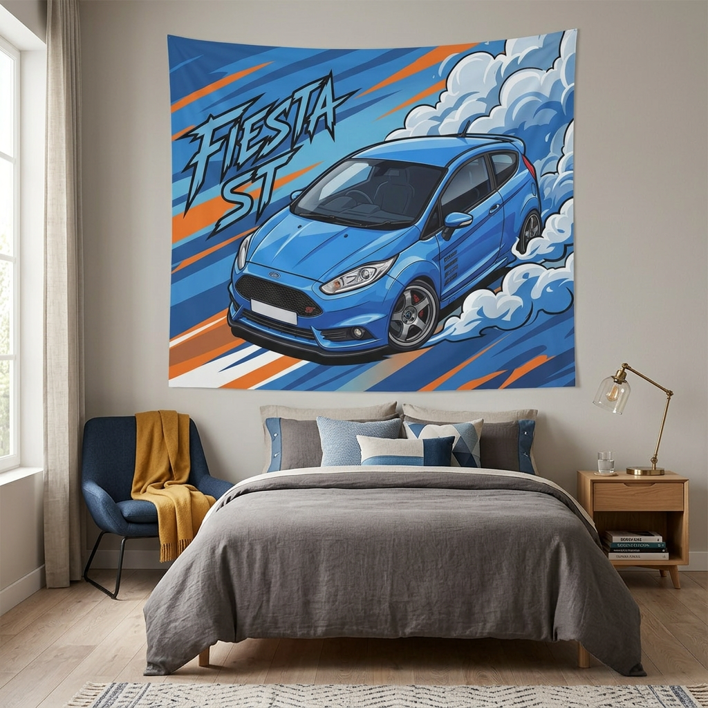 Ford Fiesta ST MK7 Blue Sponsor Decals Silver Wheels Aerial Bold Graphic Car Wall Art Tapestry
