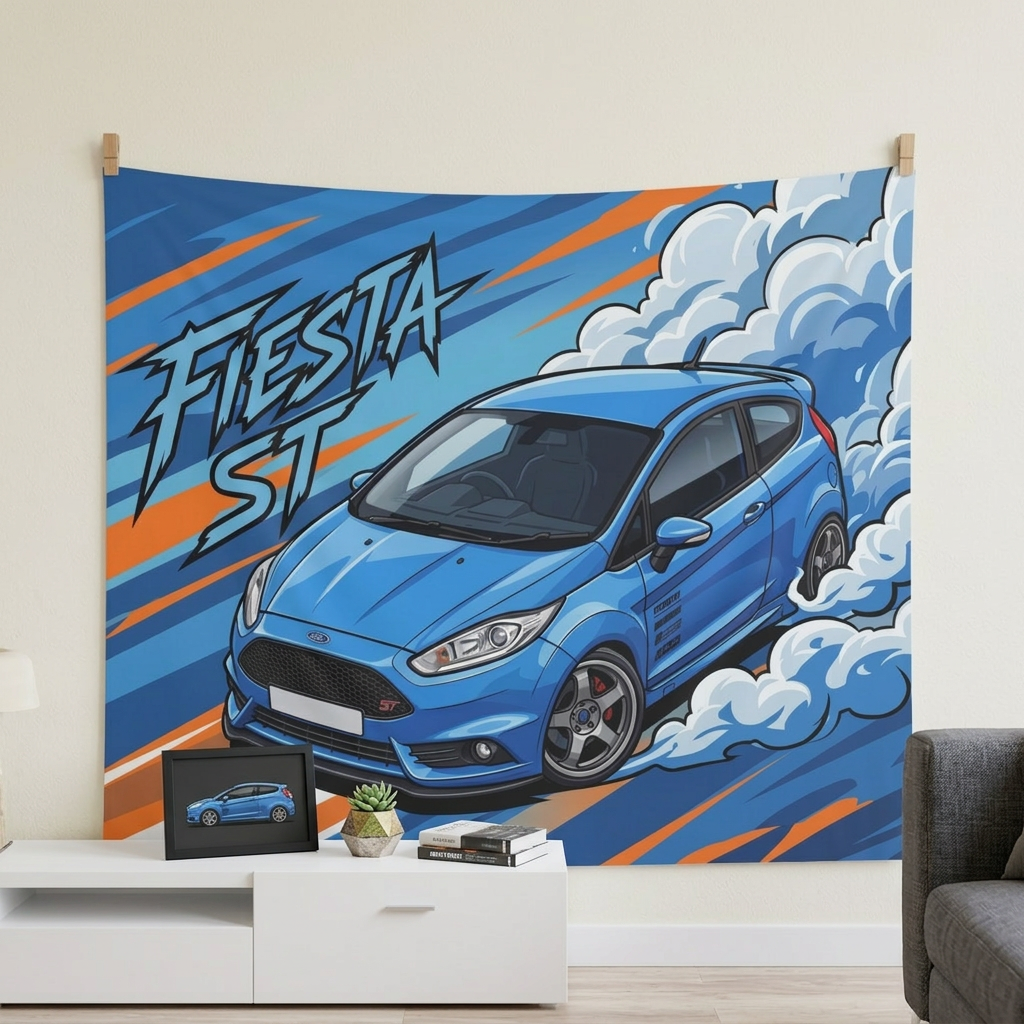 Ford Fiesta ST MK7 Blue Sponsor Decals Silver Wheels Aerial Bold Graphic Car Wall Art Tapestry