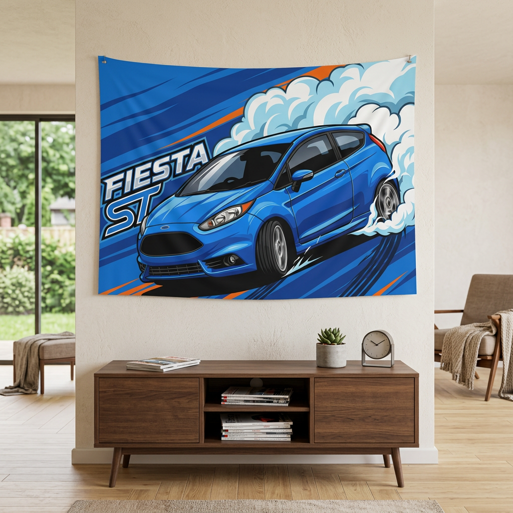 Ford Fiesta ST MK7 Blue Three-Door Low Front Angle Bold Graphic Car Wall Art Tapestry