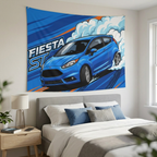 Ford Fiesta ST MK7 Blue Three-Door Low Front Angle Bold Graphic Car Wall Art Tapestry