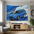Ford Fiesta ST MK7 Blue Three-Door Low Front Angle Bold Graphic Car Wall Art Tapestry