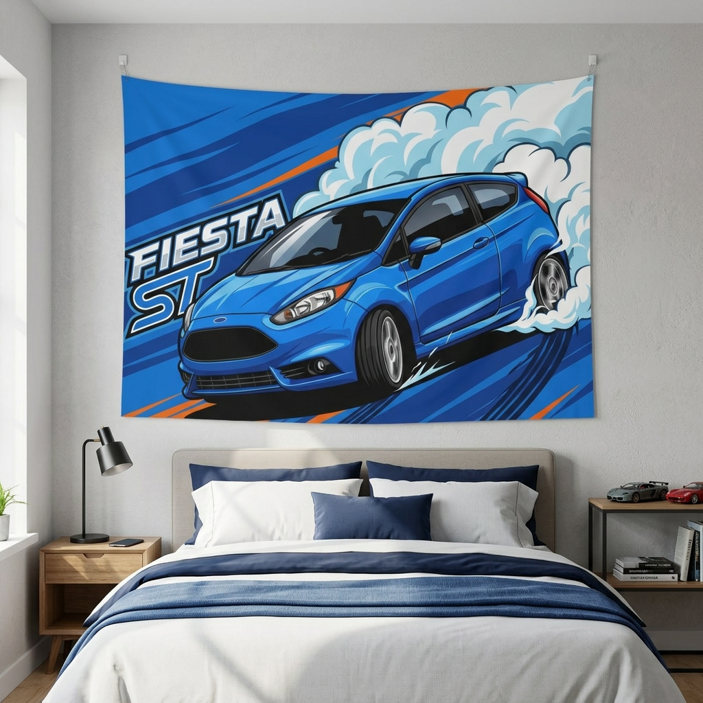 Ford Fiesta ST MK7 Blue Three-Door Low Front Angle Bold Graphic Car Wall Art Tapestry