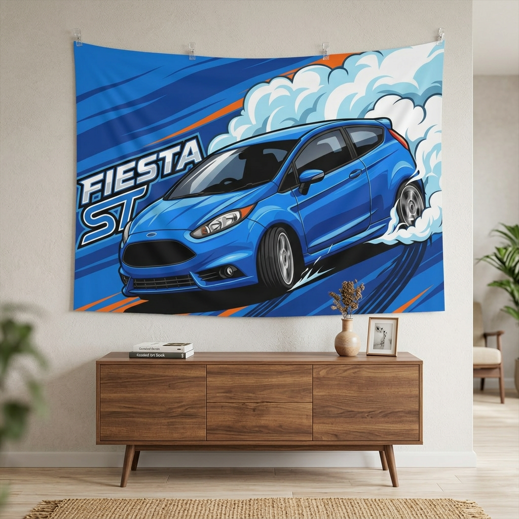 Ford Fiesta ST MK7 Blue Three-Door Low Front Angle Bold Graphic Car Wall Art Tapestry