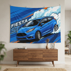 Ford Fiesta ST MK7 Blue Three-Door Low Front Angle Bold Graphic Car Wall Art Tapestry