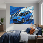 Ford Fiesta ST MK7 Blue Three-Door Low Front Angle Bold Graphic Car Wall Art Tapestry