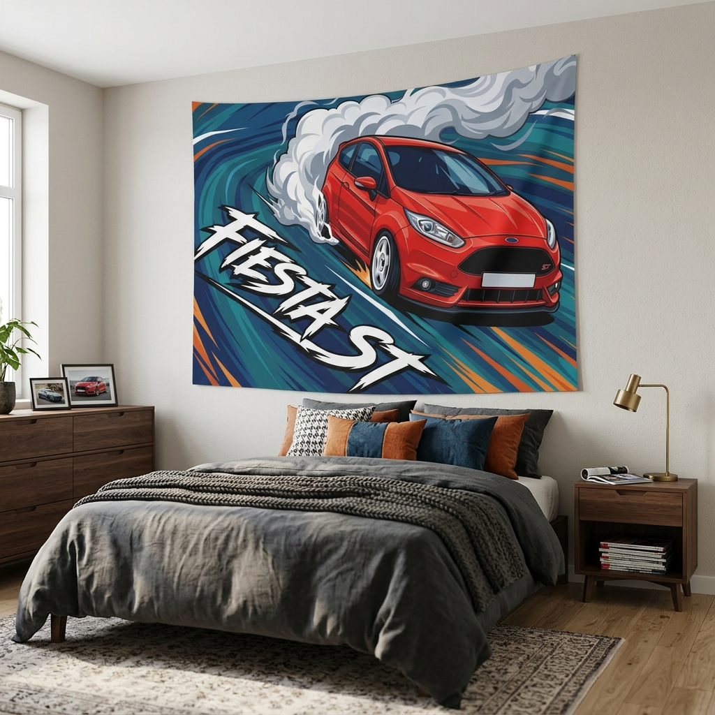 Ford Fiesta ST MK7 Race Red Vortex Swirl Three-Door Bold Graphic Car Wall Art Tapestry