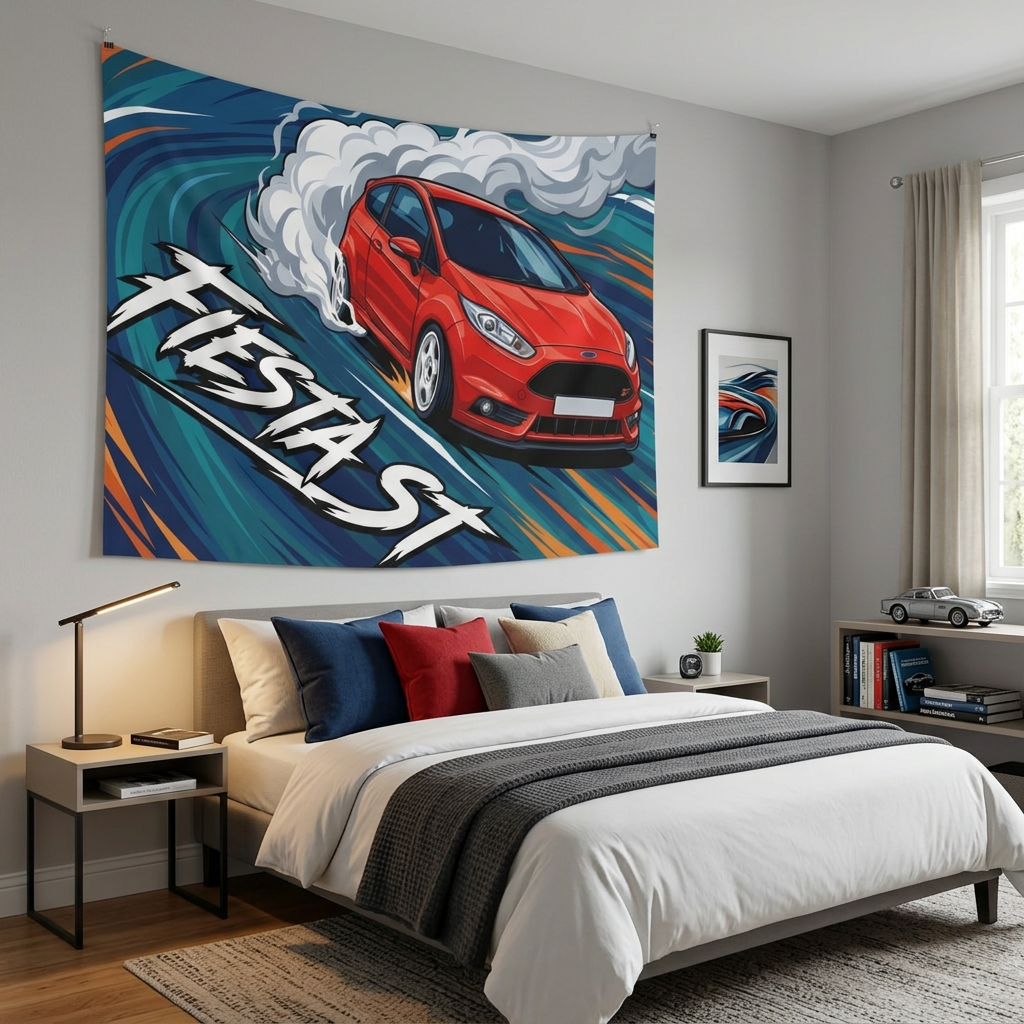 Ford Fiesta ST MK7 Race Red Vortex Swirl Three-Door Bold Graphic Car Wall Art Tapestry