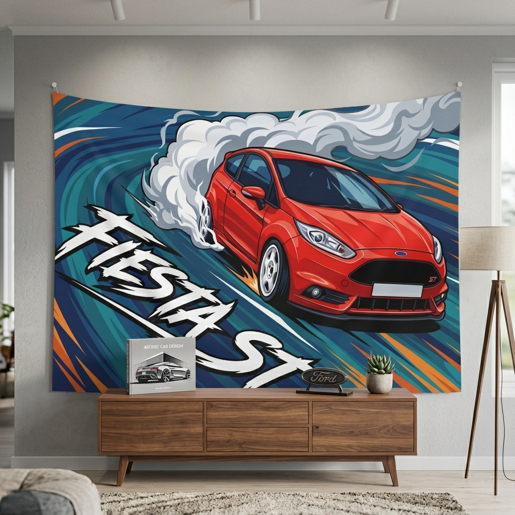 Ford Fiesta ST MK7 Race Red Vortex Swirl Three-Door Bold Graphic Car Wall Art Tapestry