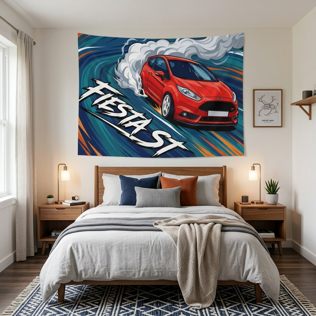 Ford Fiesta ST MK7 Race Red Vortex Swirl Three-Door Bold Graphic Car Wall Art Tapestry