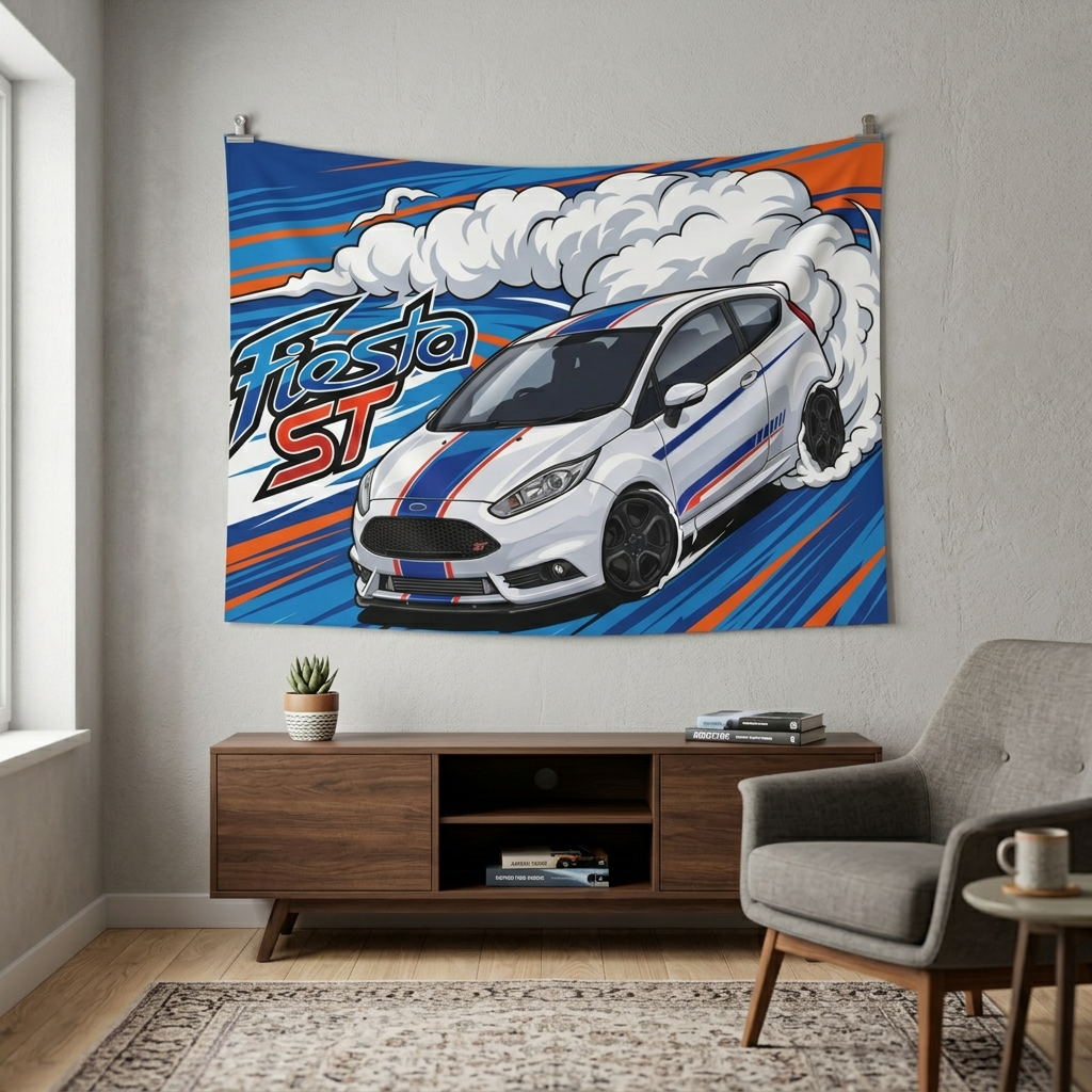 Ford Fiesta ST MK7 White Blue Red Racing Stripe Aerial Bold Graphic Car Wall Art Tapestry