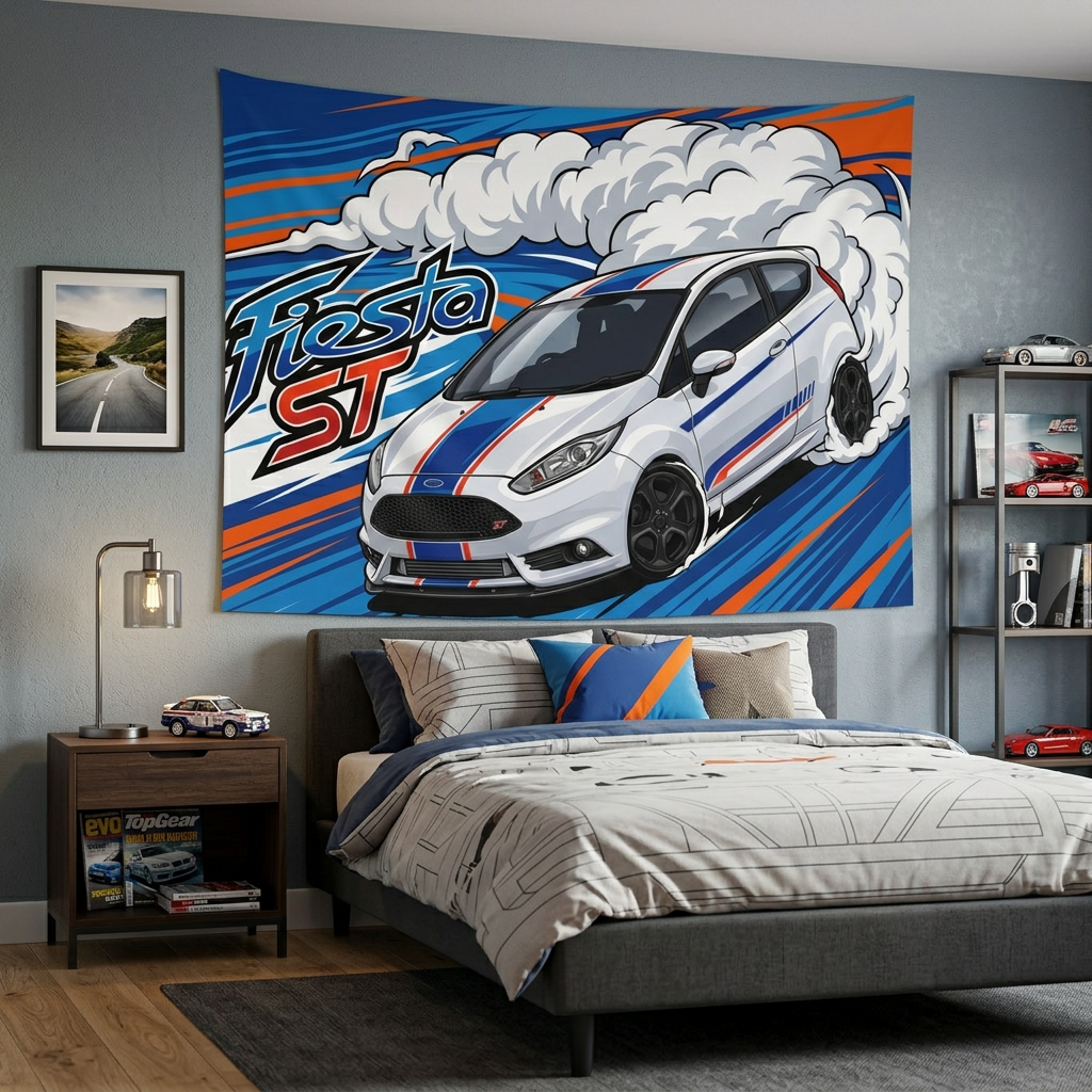 Ford Fiesta ST MK7 White Blue Red Racing Stripe Aerial Bold Graphic Car Wall Art Tapestry