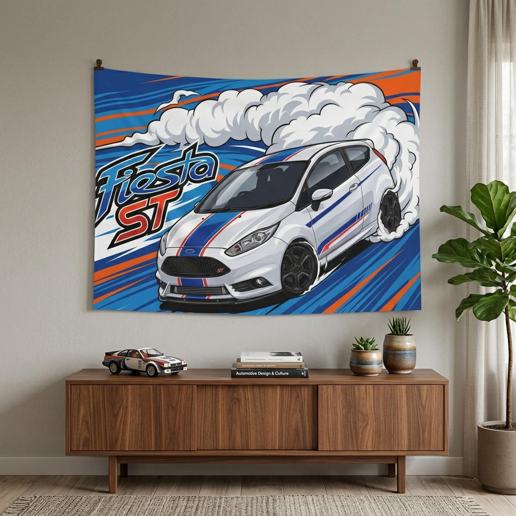 Ford Fiesta ST MK7 White Blue Red Racing Stripe Aerial Bold Graphic Car Wall Art Tapestry