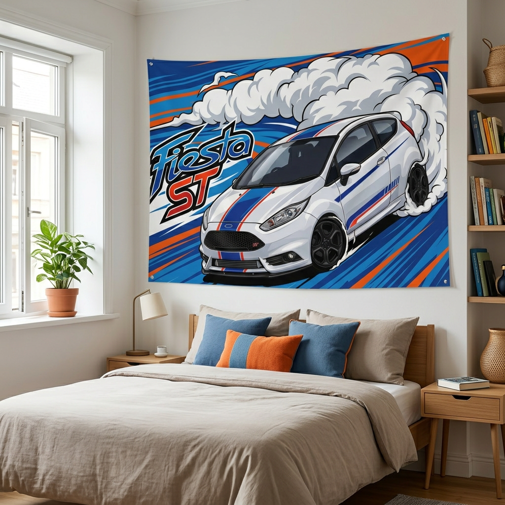 Ford Fiesta ST MK7 White Blue Red Racing Stripe Aerial Bold Graphic Car Wall Art Tapestry