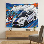 Ford Fiesta ST MK7 White Blue Red Racing Stripe Aerial Bold Graphic Car Wall Art Tapestry
