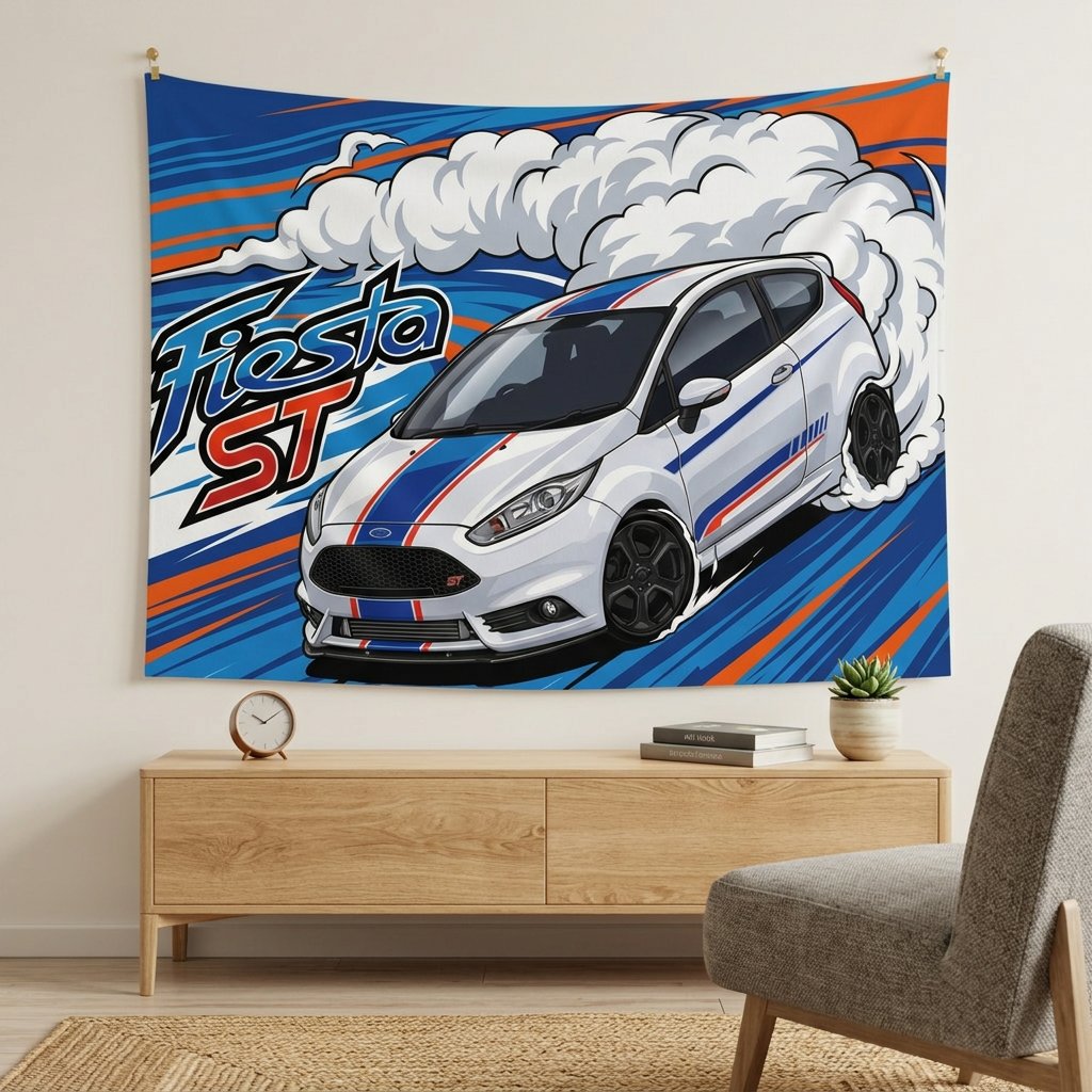 Ford Fiesta ST MK7 White Blue Red Racing Stripe Aerial Bold Graphic Car Wall Art Tapestry