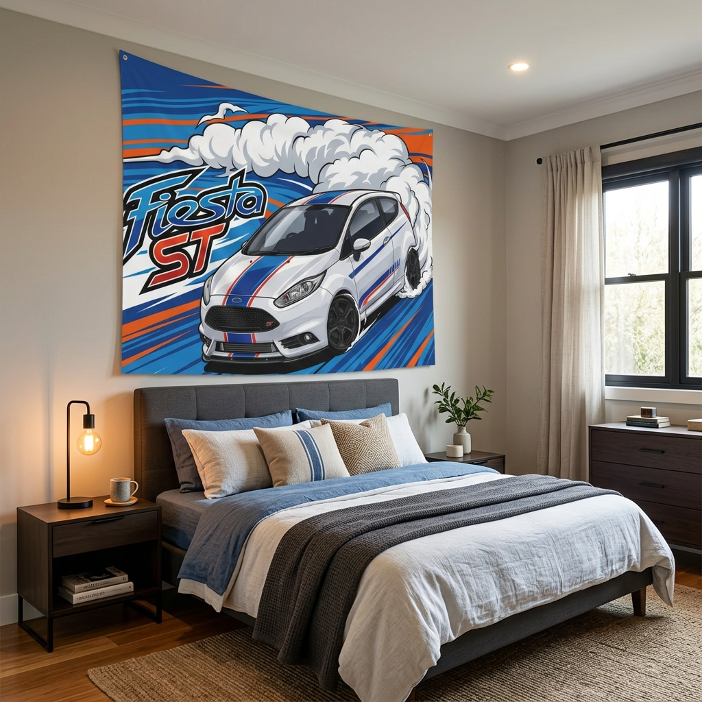 Ford Fiesta ST MK7 White Blue Red Racing Stripe Aerial Bold Graphic Car Wall Art Tapestry