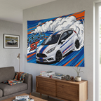 Ford Fiesta ST MK7 White Blue Red Racing Stripe Aerial Bold Graphic Car Wall Art Tapestry