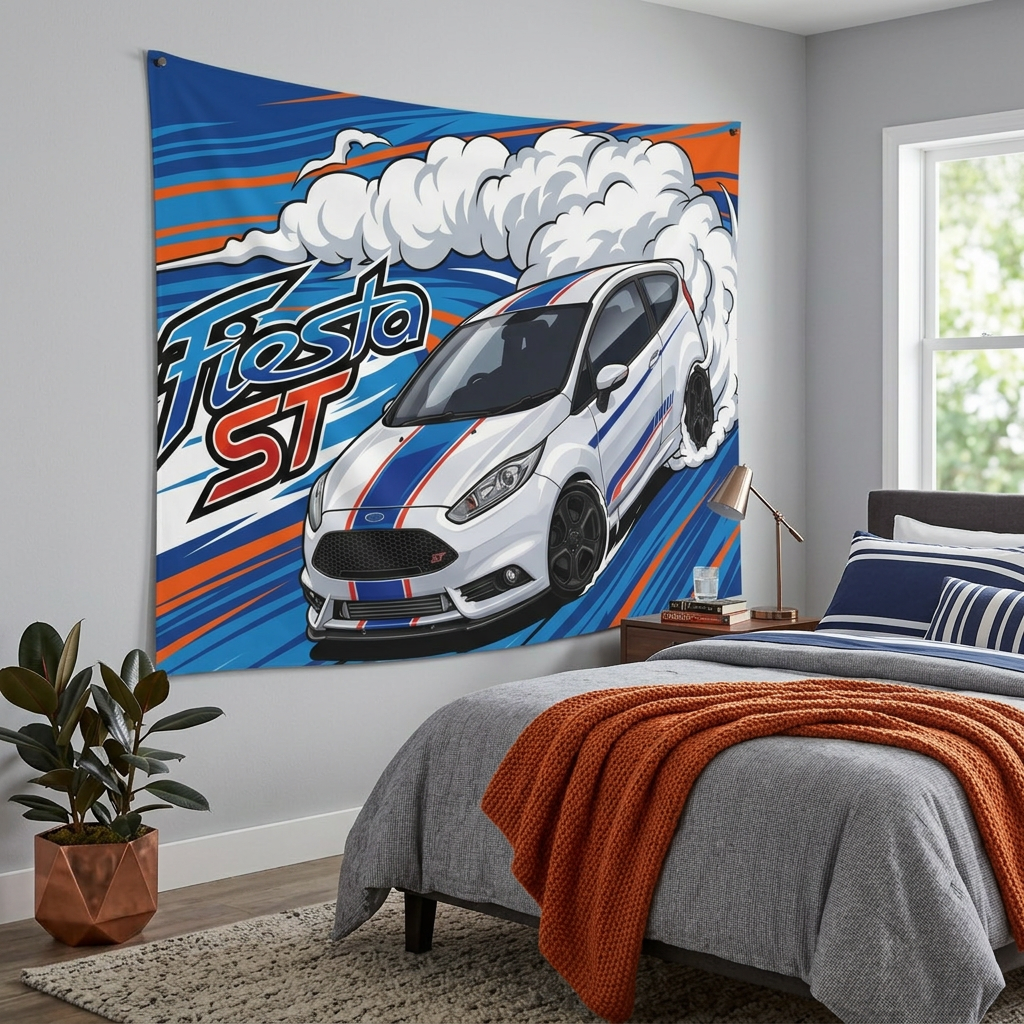 Ford Fiesta ST MK7 White Blue Red Racing Stripe Aerial Bold Graphic Car Wall Art Tapestry