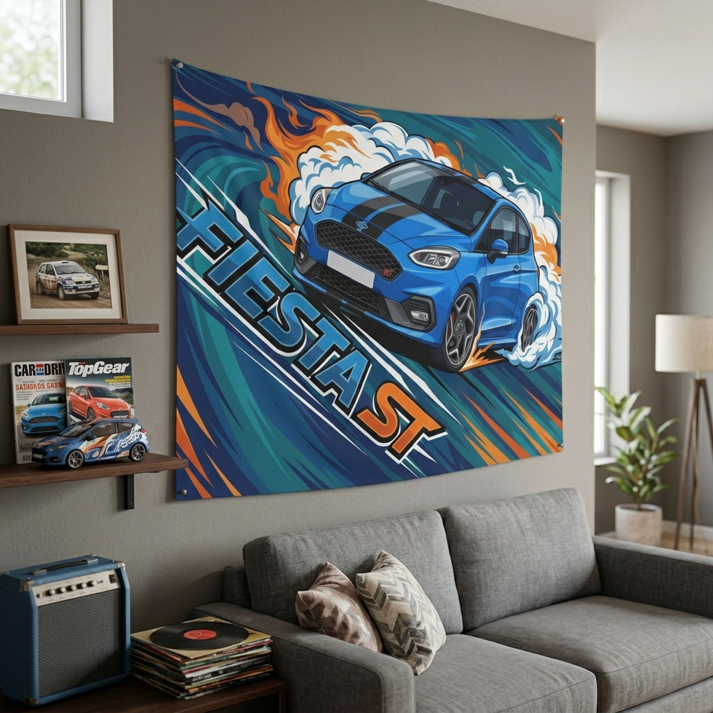 Ford Fiesta ST MK8 Blue Black Bonnet Stripe Swirl Vortex Bold Graphic Car Wall Art Tapestry
