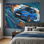 Ford Fiesta ST MK8 Blue Black Bonnet Stripe Swirl Vortex Bold Graphic Car Wall Art Tapestry