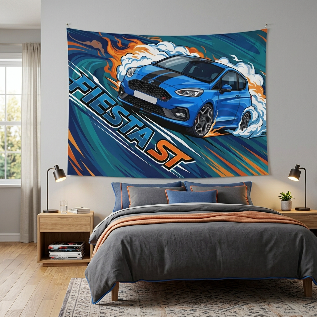 Ford Fiesta ST MK8 Blue Black Bonnet Stripe Swirl Vortex Bold Graphic Car Wall Art Tapestry