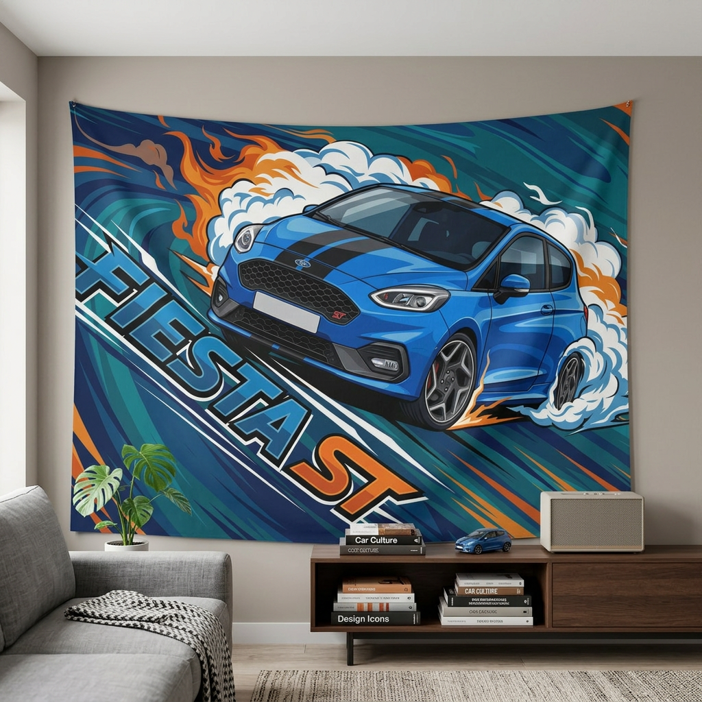 Ford Fiesta ST MK8 Blue Black Bonnet Stripe Swirl Vortex Bold Graphic Car Wall Art Tapestry