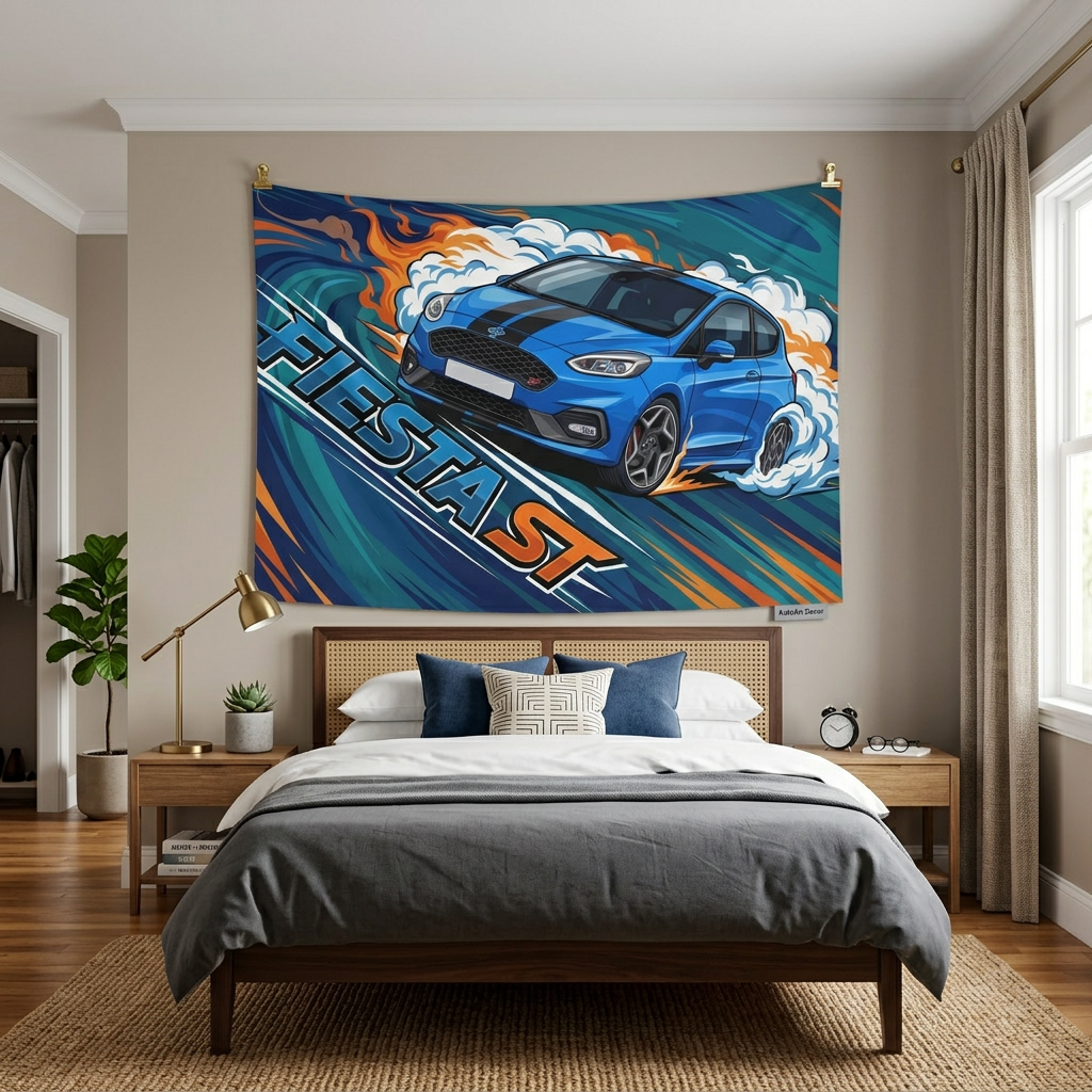Ford Fiesta ST MK8 Blue Black Bonnet Stripe Swirl Vortex Bold Graphic Car Wall Art Tapestry