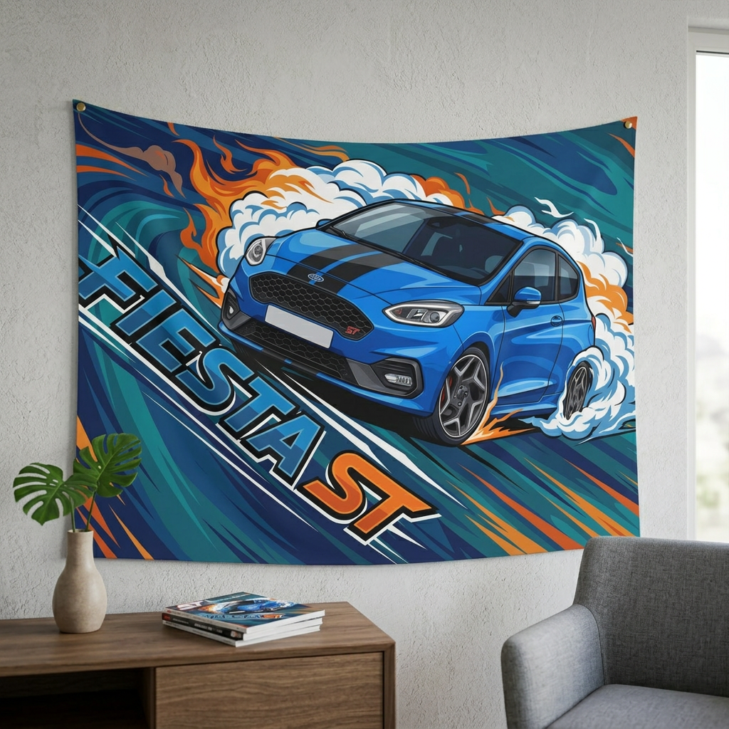 Ford Fiesta ST MK8 Blue Black Bonnet Stripe Swirl Vortex Bold Graphic Car Wall Art Tapestry