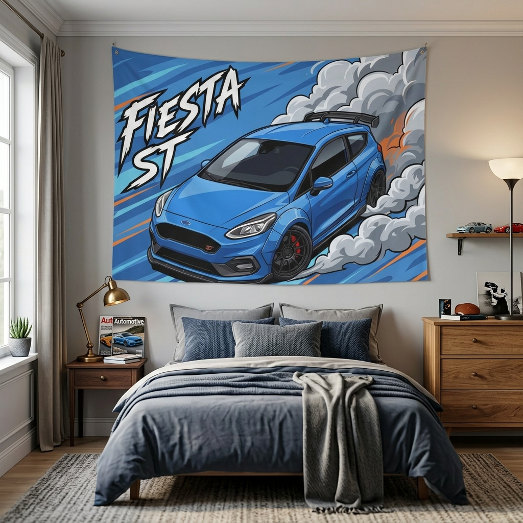 Ford Fiesta ST MK8 Blue Roof Spoiler Dark Wheels Aerial Bold Graphic Car Wall Art Tapestry