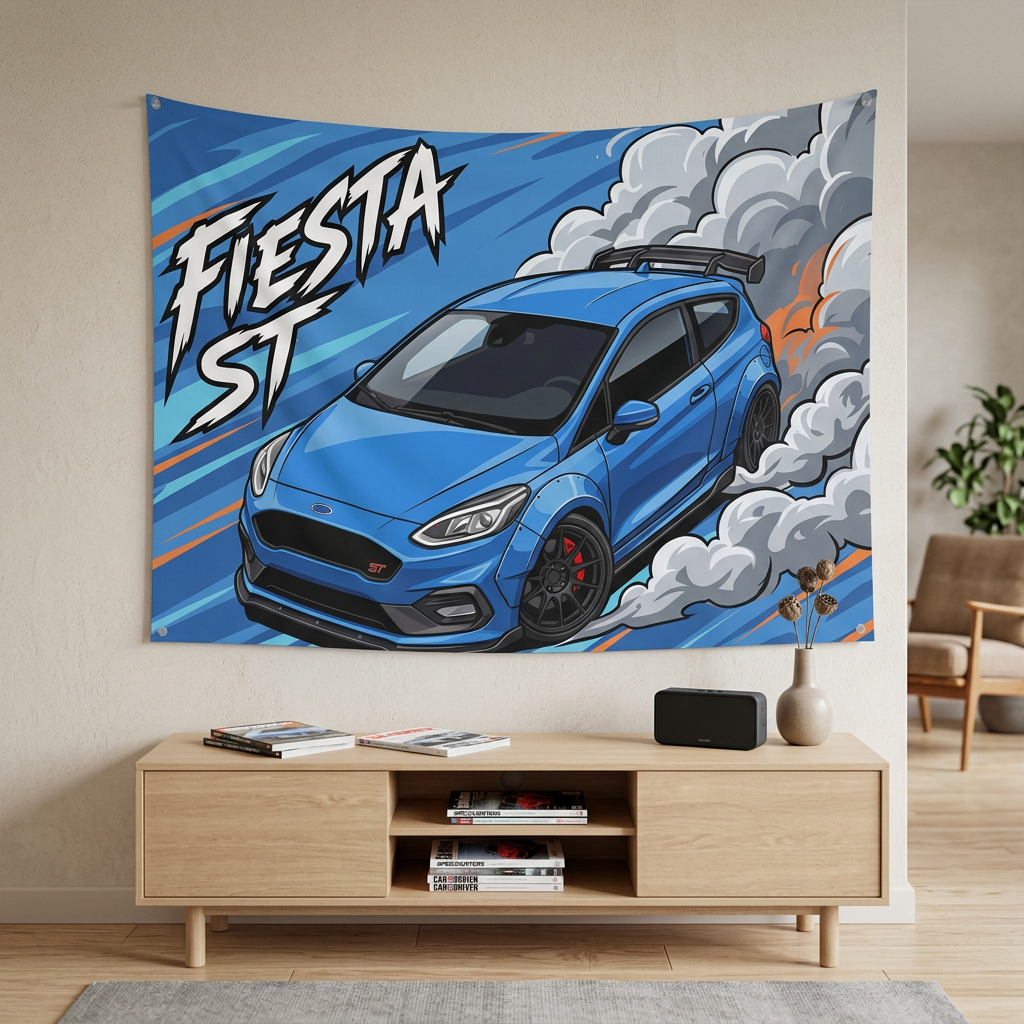 Ford Fiesta ST MK8 Blue Roof Spoiler Dark Wheels Aerial Bold Graphic Car Wall Art Tapestry
