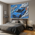 Ford Fiesta ST MK8 Blue Roof Spoiler Dark Wheels Aerial Bold Graphic Car Wall Art Tapestry