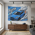 Ford Fiesta ST MK8 Blue Roof Spoiler Dark Wheels Aerial Bold Graphic Car Wall Art Tapestry